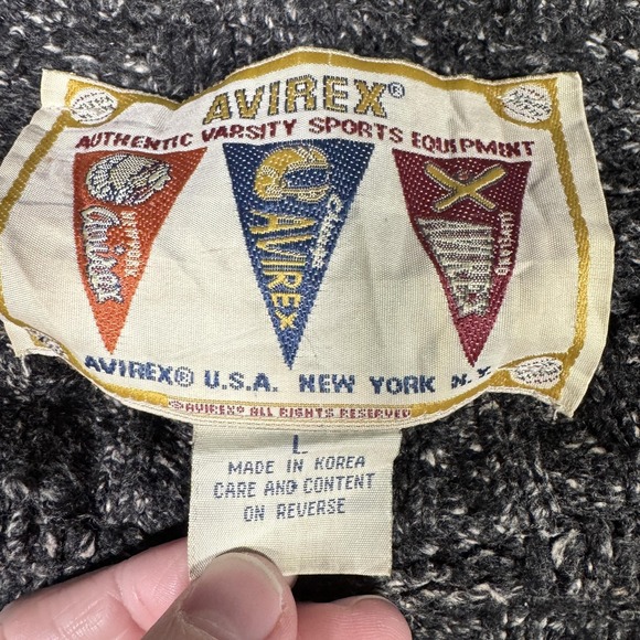 Vintage Avirex Sweater Mens Large Gray Marled Cable Knit Varsity Spell Out 90s - Picture 3 of 10